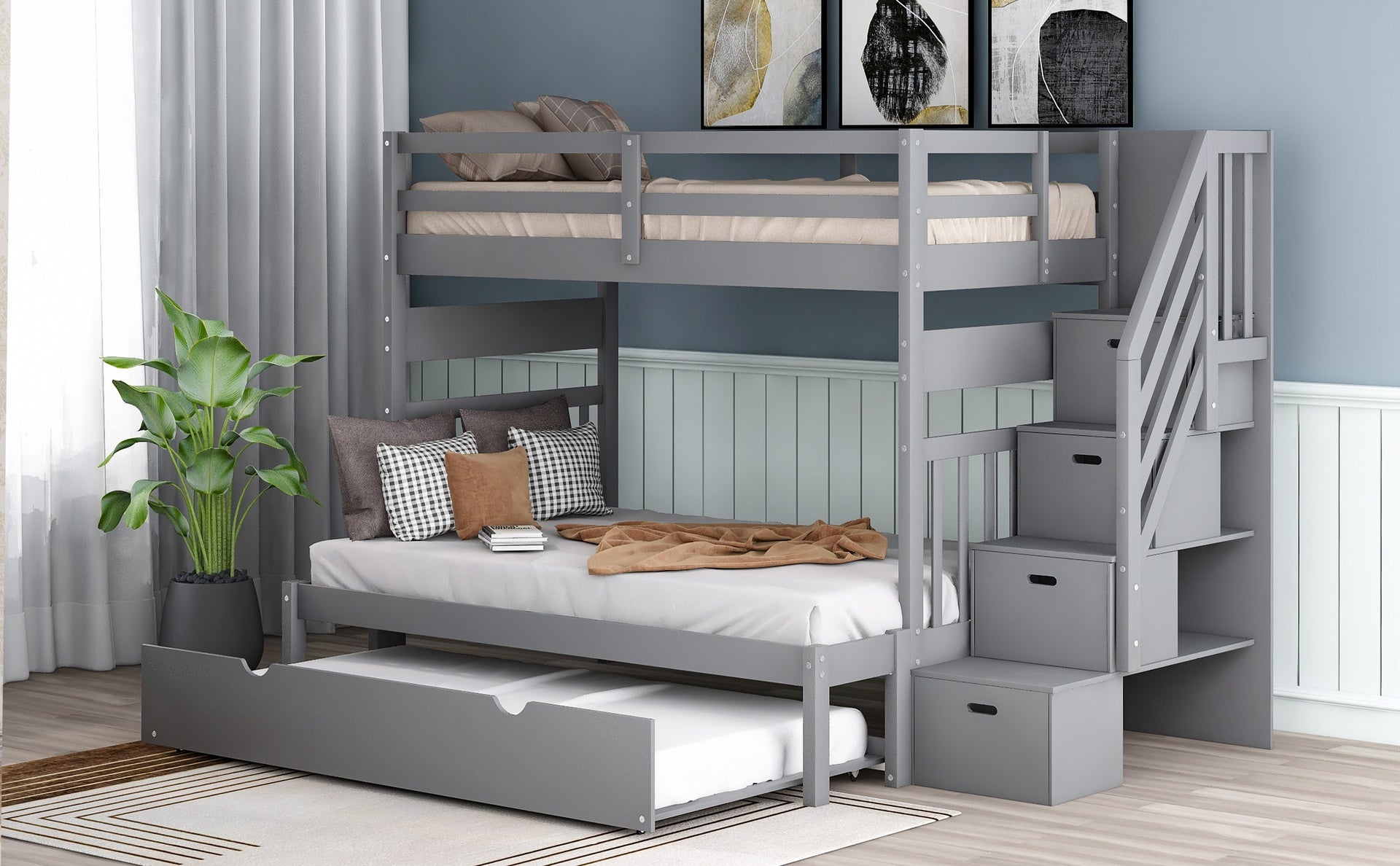 Twin over Full Bunk Bed with Twin Size Trundle (Gray)(OLD SKU :LT000025AAE-1)