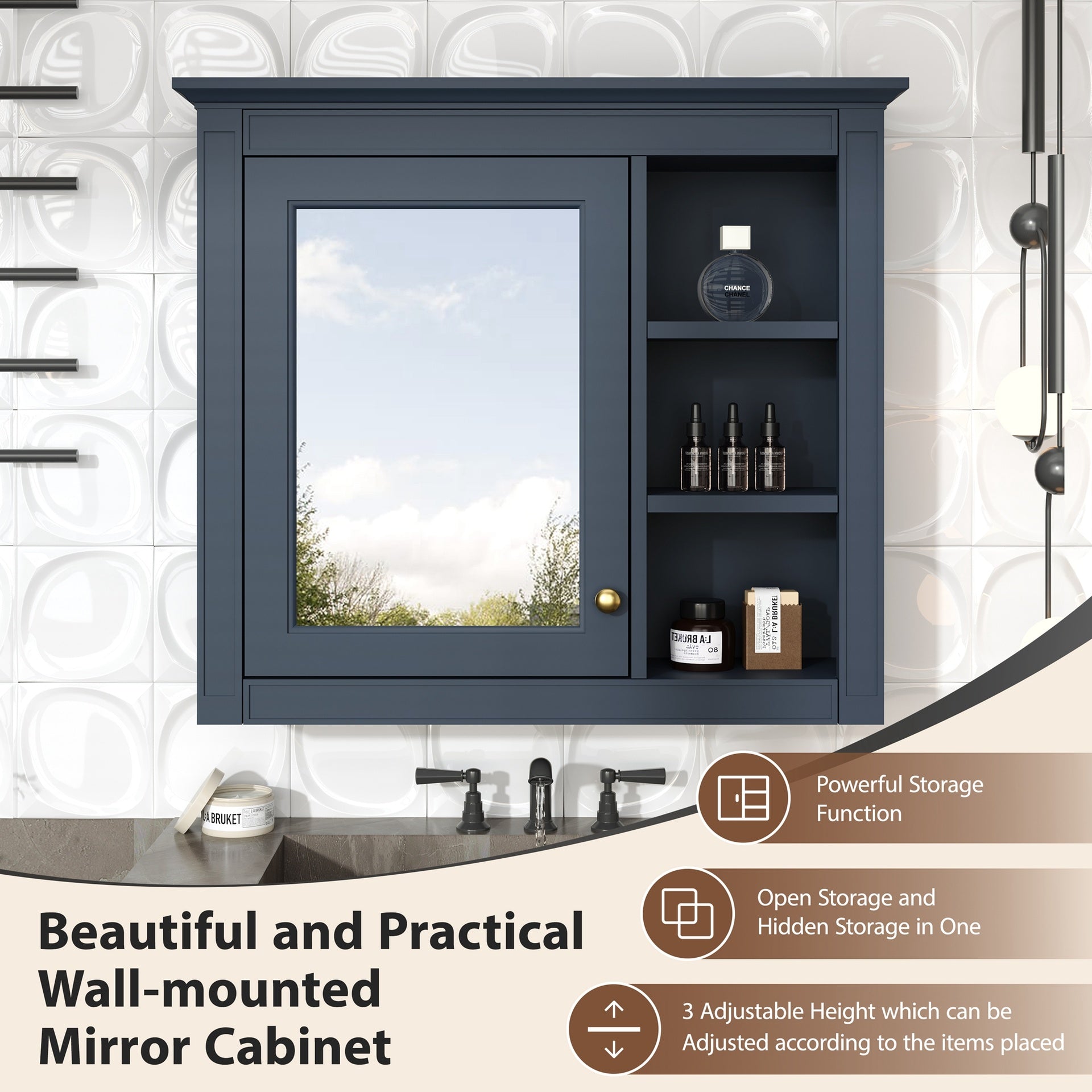 30'' x 28'' Medicine Cabinet, Wall Mounted Bathroom Storage Cabinet, Modern Bathroom Wall Cabinet with Mirror,Medicine Cabinet, Mirror Cabinet with 3 Open Shelves (Not Include Bathroom Vanity )