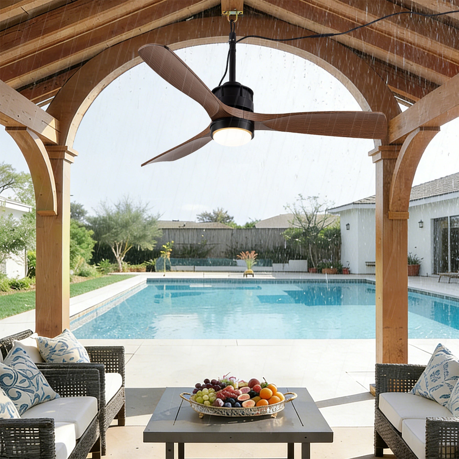 42" ABS Blades Outdoor Ceiling Fan with LED Light Remote Control,Quiet DC Motor 6 Speed Levels,Adjust Height( 3 PCS Rod) Reversible Ceiling Fan, for Outdoor Use .(Matte Black+Wood)