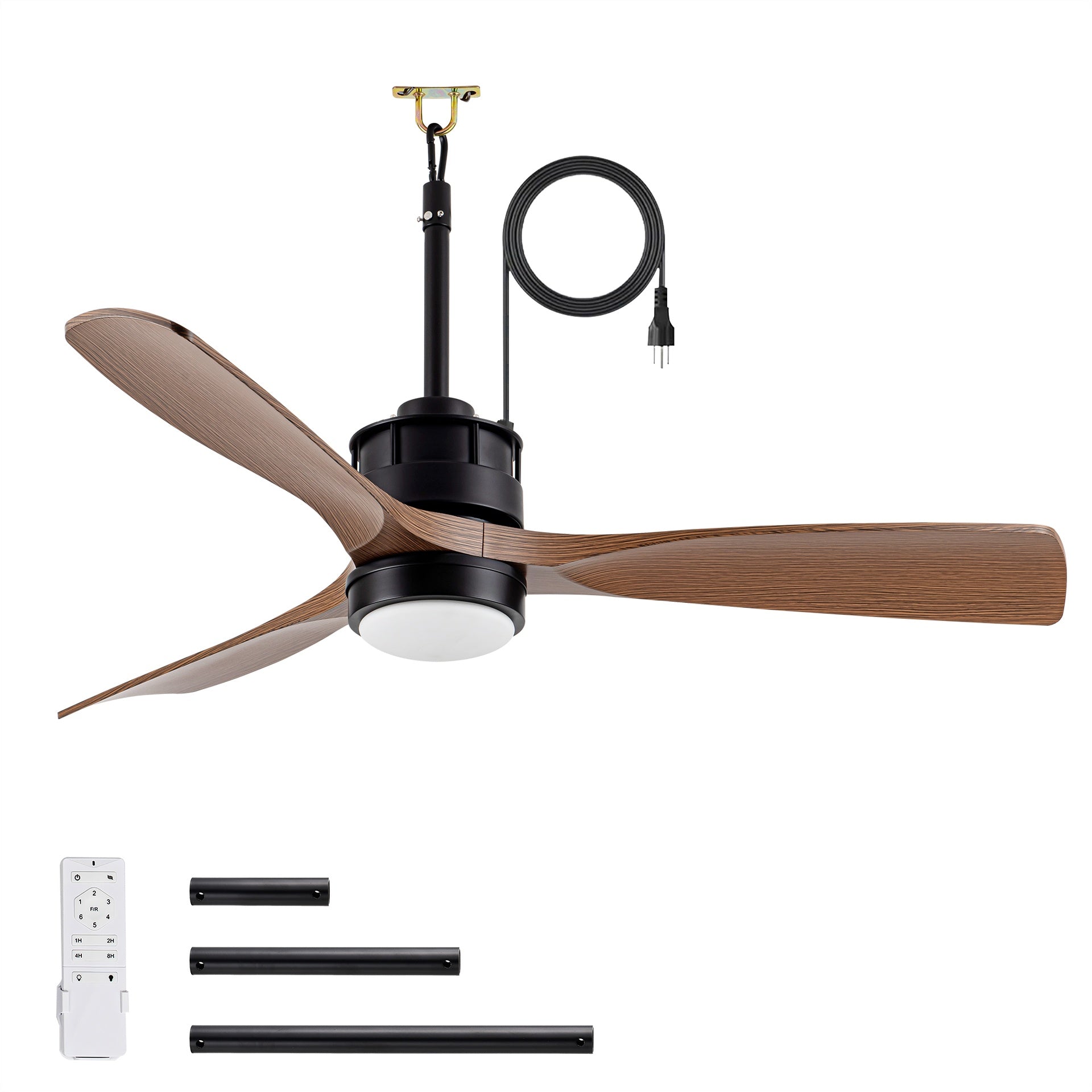 42" ABS Blades Outdoor Ceiling Fan with LED Light Remote Control,Quiet DC Motor 6 Speed Levels,Adjust Height( 3 PCS Rod) Reversible Ceiling Fan, for Outdoor Use .(Matte Black+Wood)