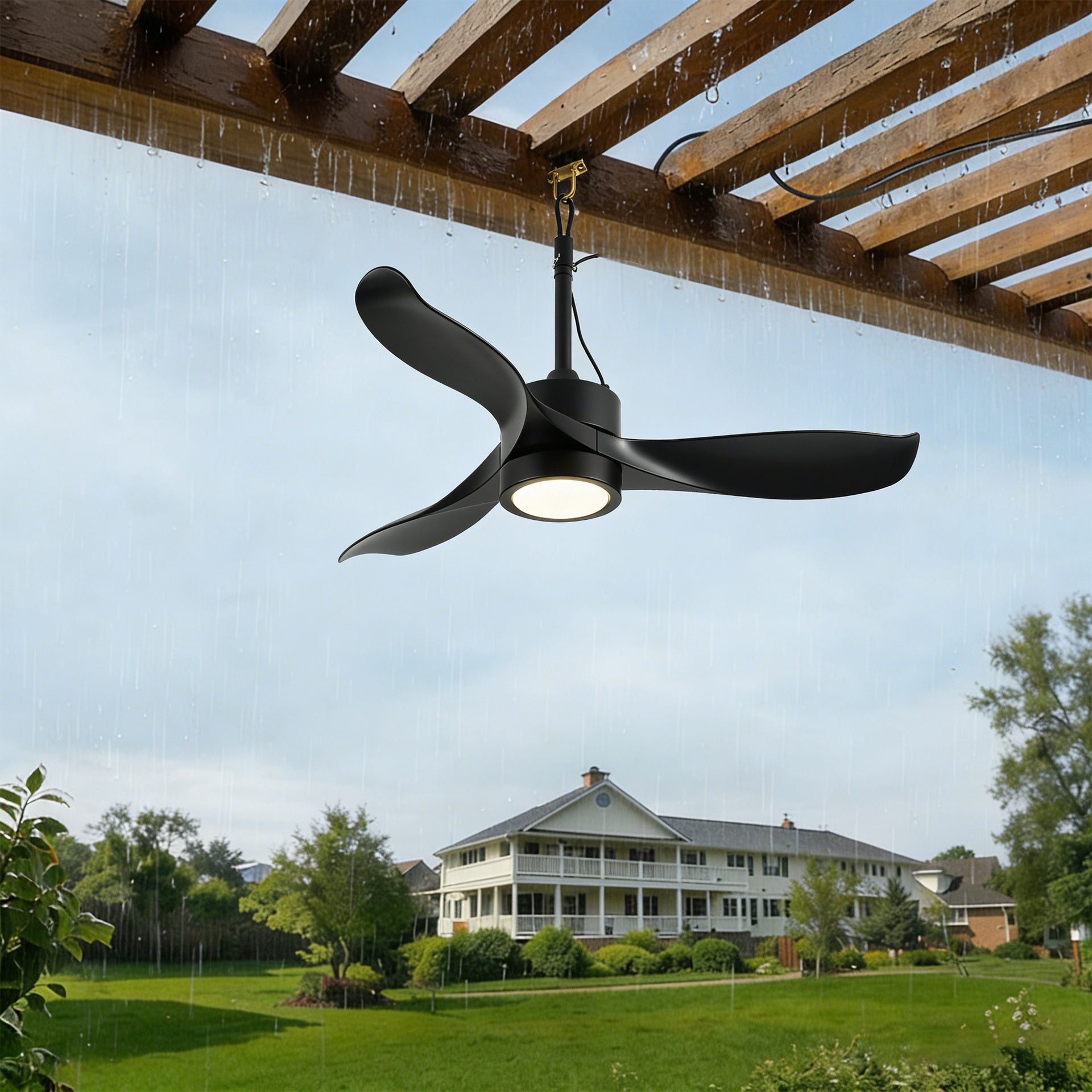 42"  Outdoor Ceiling Fan with LED Light ,Remote Control,Quiet DC Motor 6 Speed Levels,Adjust Height( 3 PCS Rod) Reversible Ceiling Fan, for Outdoor Use .(Matte Black)