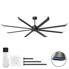 100 INCH Large Size Industrial DC Motor Ceiling Fan with 8 PCS Aluminum Blades ,6-Speed Remote Control, Adjust Height ( 3 Down rods) Commercial Ceiling Fan Without Light For Porch/Garage/Shop-BLACK