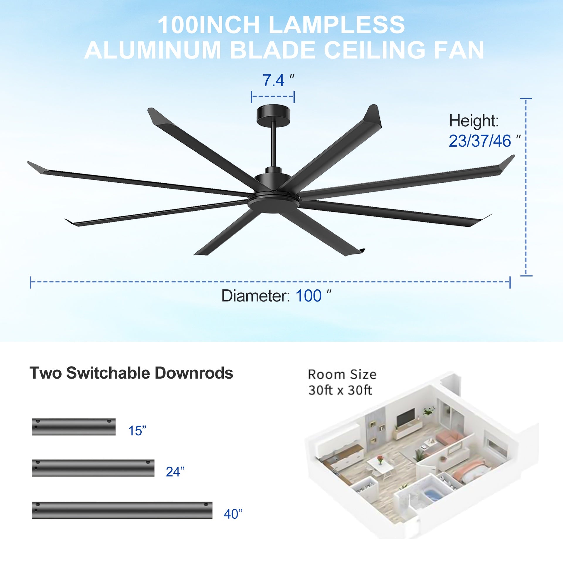 100 INCH Large Size Industrial DC Motor Ceiling Fan with 8 PCS Aluminum Blades ,6-Speed Remote Control, Adjust Height ( 3 Down rods) Commercial Ceiling Fan Without Light For Porch/Garage/Shop-BLACK