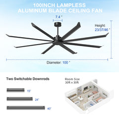 100 INCH Large Size Industrial DC Motor Ceiling Fan with 8 PCS Aluminum Blades ,6-Speed Remote Control, Adjust Height ( 3 Down rods) Commercial Ceiling Fan Without Light For Porch/Garage/Shop-BLACK