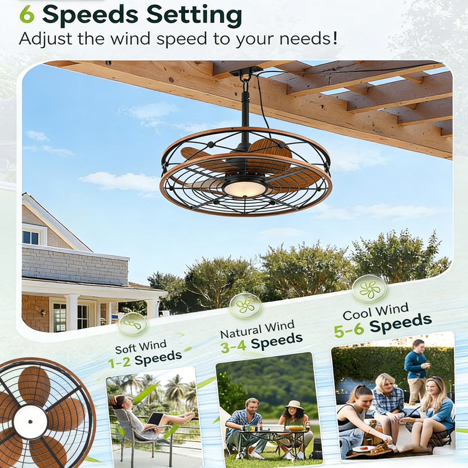 20"  Outdoor Ceiling Fan with Remote Control.With Light,5 PCS ABS Blades,Quiet DC Motor 6 Speed Levels,Adjust Height( 3 PCS Rod) Reversible Ceiling Fan, for Outdoor Use-- INCLUDED BULBS.(Matte Black)