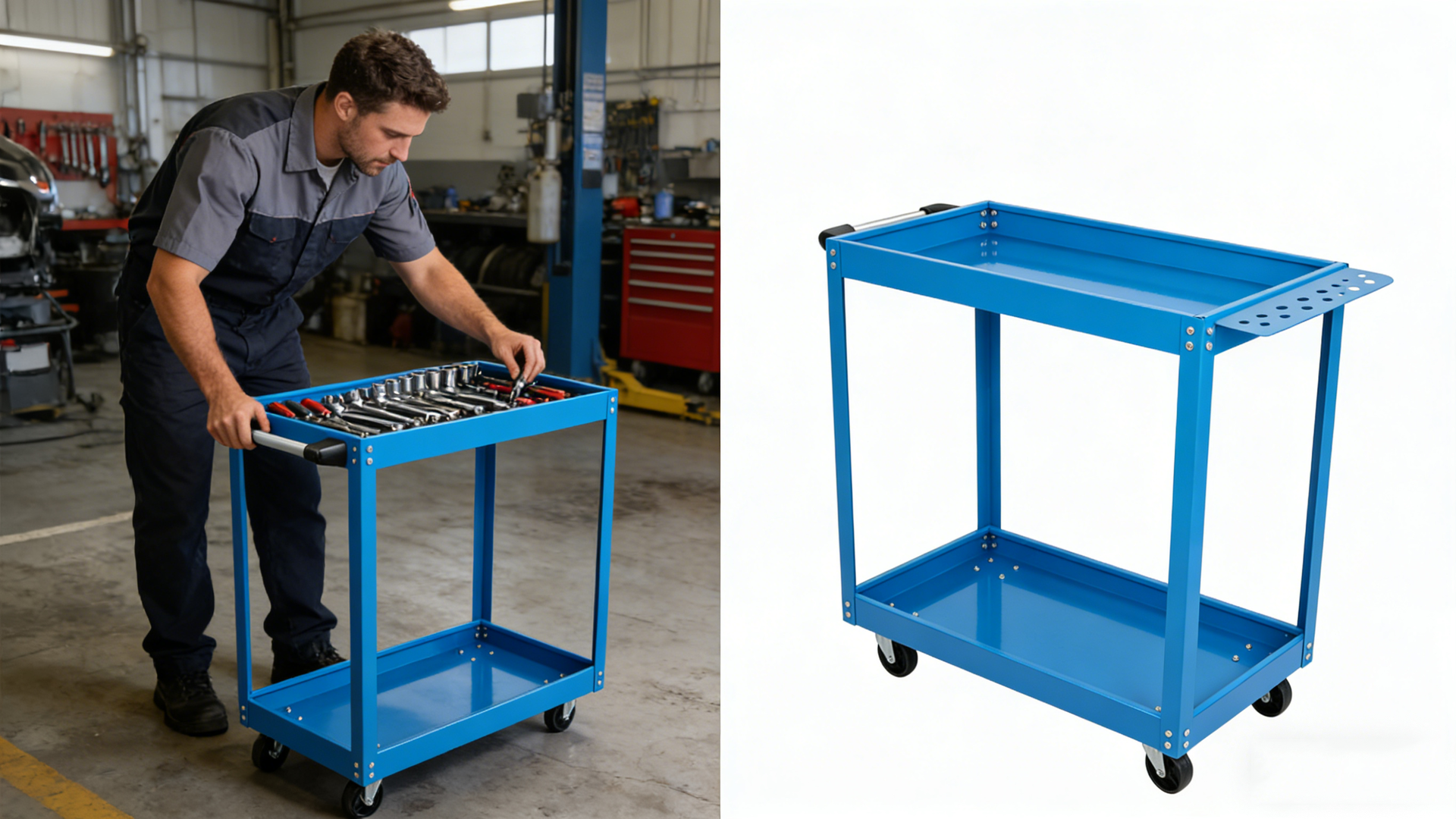 Tool Cart on Wheels,  Heavy Duty Steel Utility Cart w/Lockable Wheels, 400 LBS Capacity Industrial Service Cart for Garage, Warehouse, Workshop (Two-layer Bright Blue)