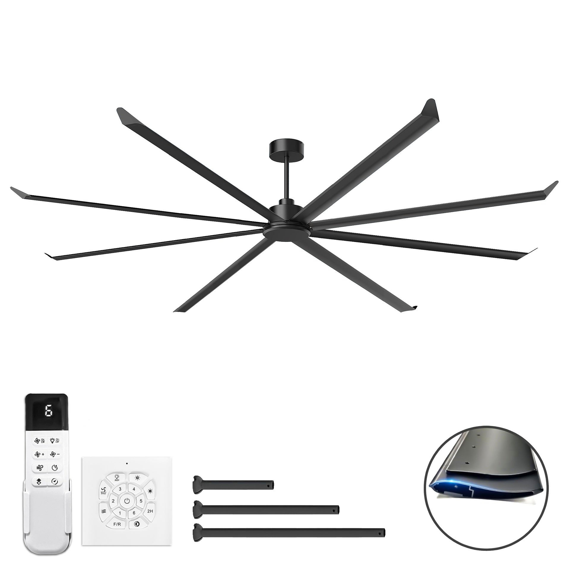 120 INCH Large Size Industrial DC Motor Ceiling Fan with 8 PCS Aluminum Blades ,6-Speed Remote Control, Adjust Height ( 3 Down rods) Commercial Ceiling Fan Without Light For Porch/Garage/Shop-BLACK