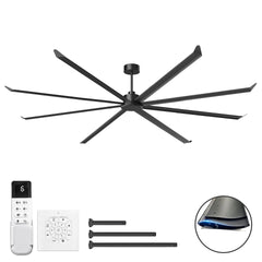 120 INCH Large Size Industrial DC Motor Ceiling Fan with 8 PCS Aluminum Blades ,6-Speed Remote Control, Adjust Height ( 3 Down rods) Commercial Ceiling Fan Without Light For Porch/Garage/Shop-BLACK