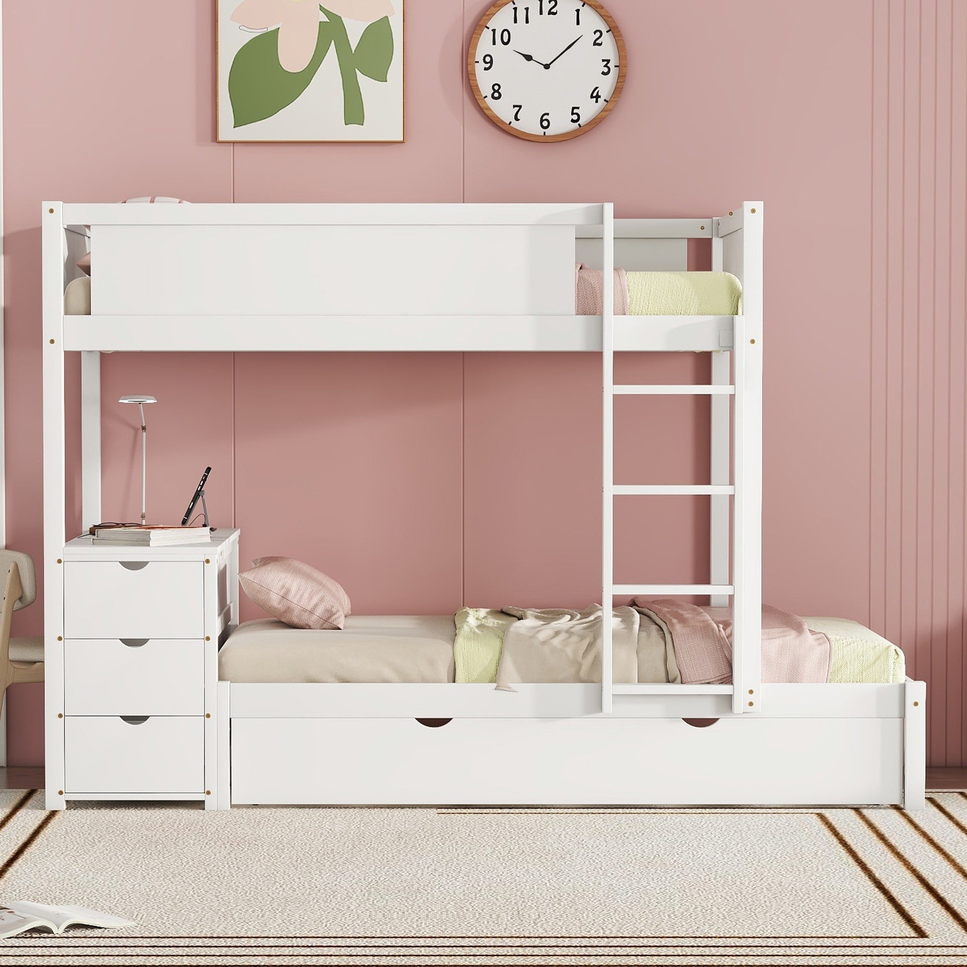 Twin-Over-Twin Bunk Bed with Twin size Trundle, Storage and Desk, White(OLD SKU:LT000363AAK)