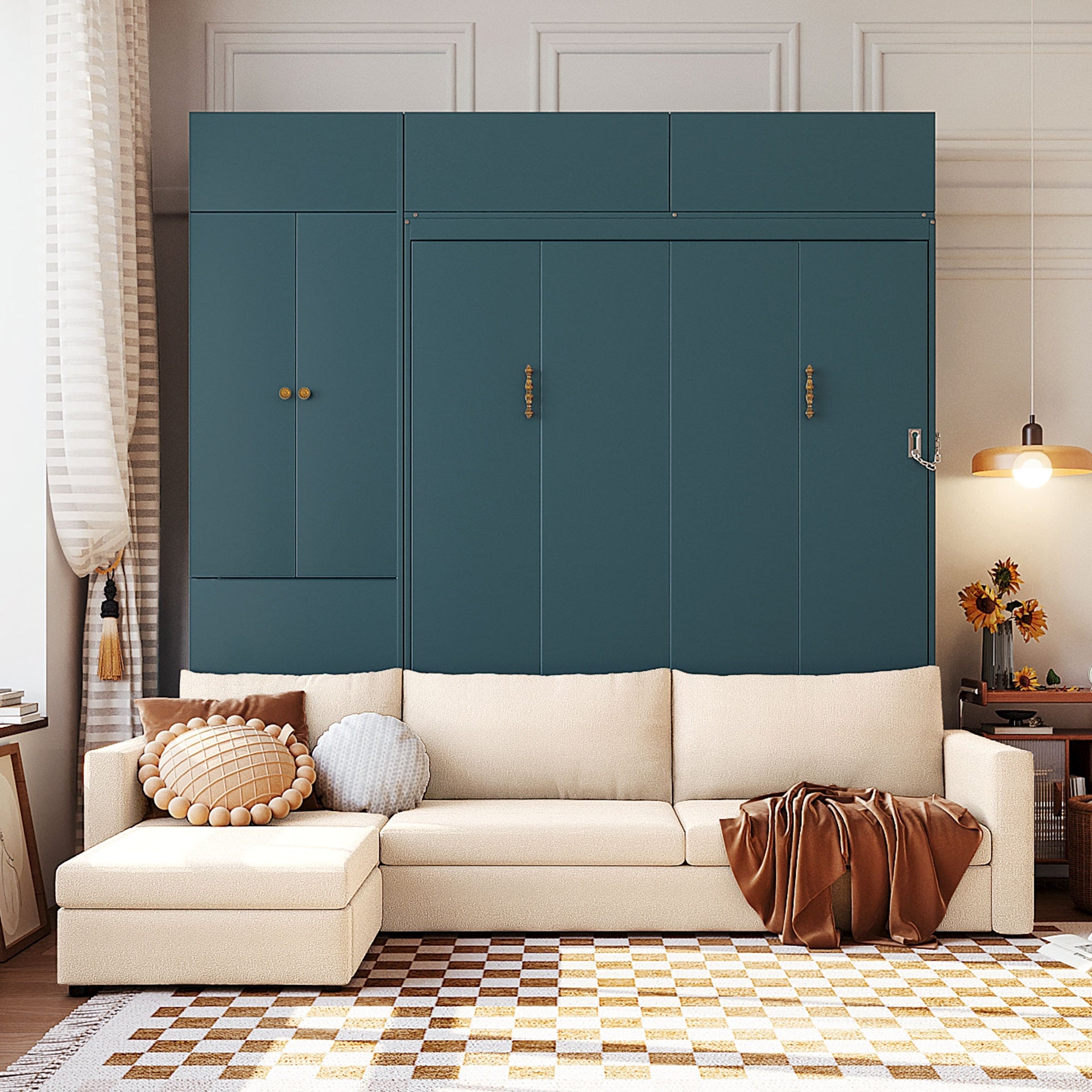 Queen Size Murphy Bed Wall Bed with Sofa and Shelves,Green Panel, Beige Sofa(OLD SKU:LP000765AAA)