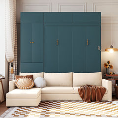Queen Size Murphy Bed Wall Bed with Sofa and Shelves,Green Panel, Beige Sofa(OLD SKU:LP000765AAA)