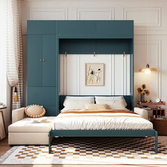 Queen Size Murphy Bed Wall Bed with Sofa and Shelves,Green Panel, Beige Sofa(OLD SKU:LP000765AAA)