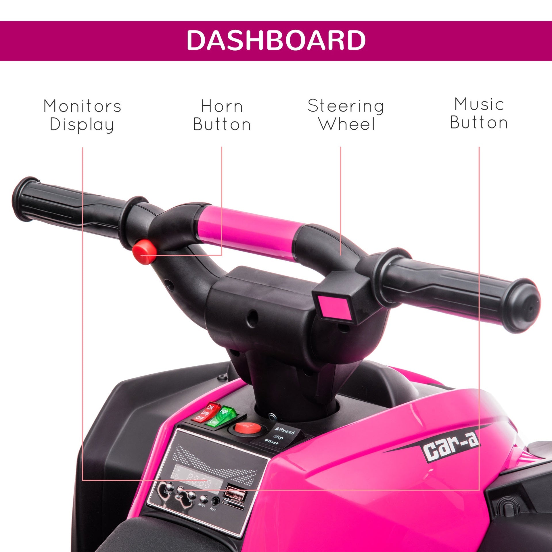 Aosom 12V Kids ATV Quad Car with Forward & Backward Function, Four Wheeler for Kids with Wear-Resistant Wheels, Music, Electric Ride-on ATV for Toddlers Ages 3-5 Years Old, Pink
