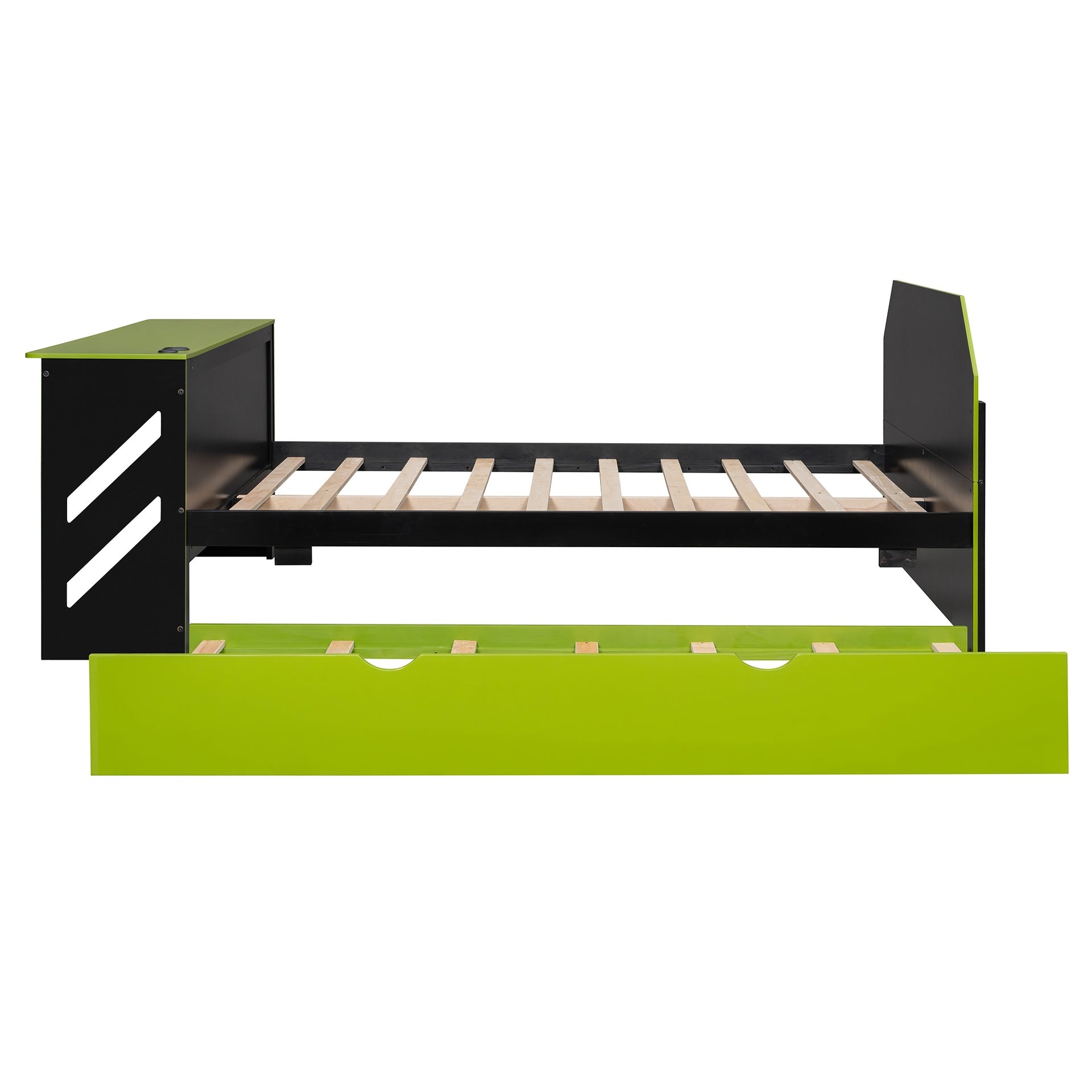 Full Size Wood Daybed with Twin Size Trundle,Desk and USB,Green