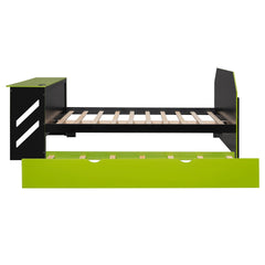 Full Size Wood Daybed with Twin Size Trundle,Desk and USB,Green