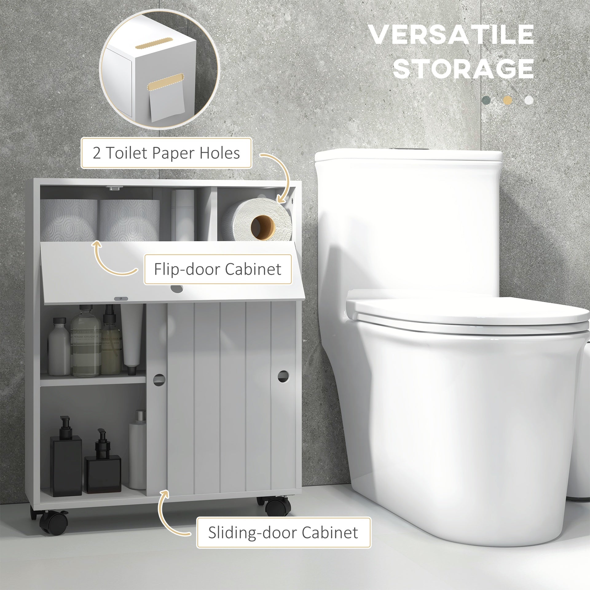 kleankin Toilet Paper Cabinet, Slim Bathroom Cabinet with 4 Rolling Wheels, Small Bathroom Storage Cabinet with Paper Holes, Sliding Doors and Adjustable Shelf for Small Space, White