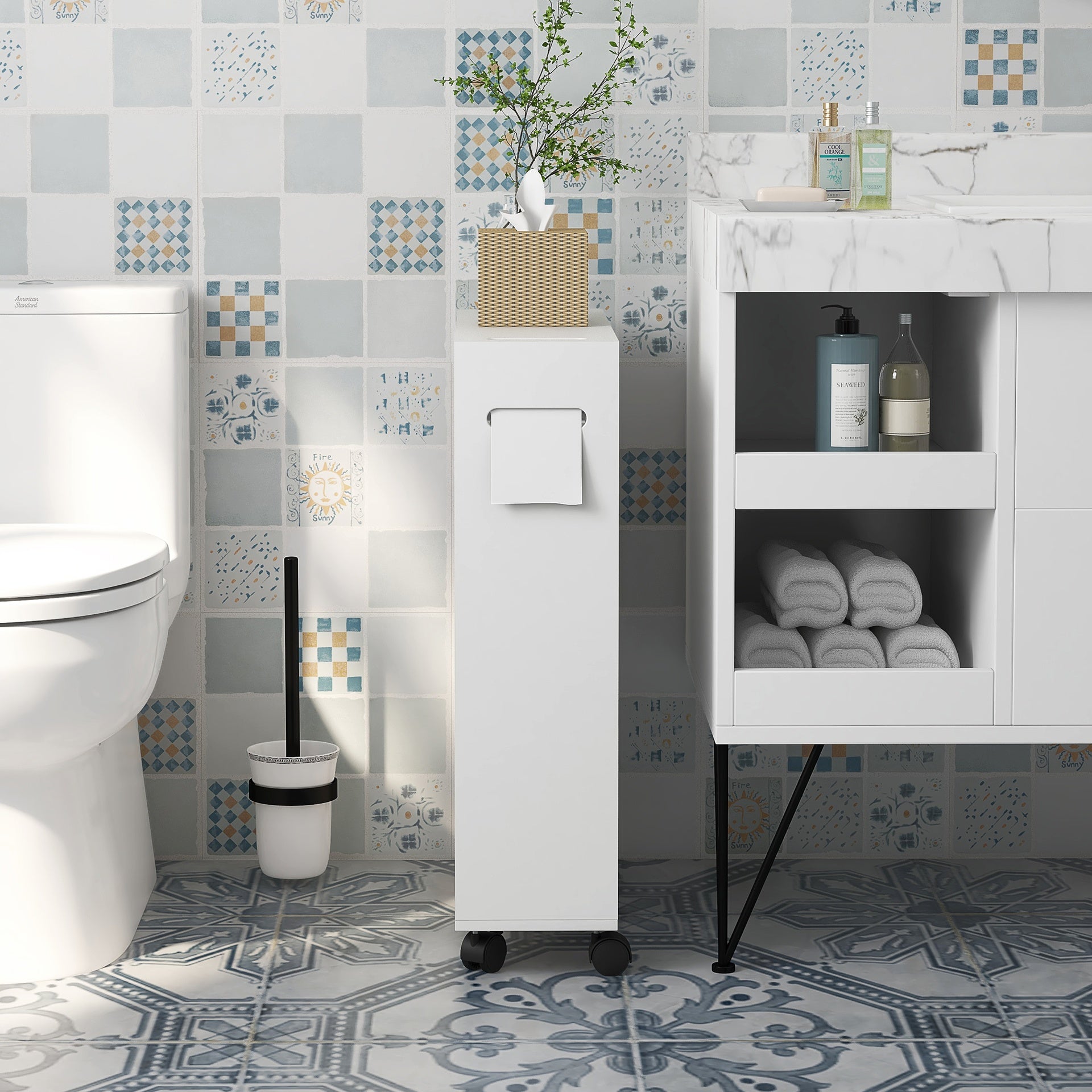 kleankin Toilet Paper Cabinet, Slim Bathroom Cabinet with 4 Rolling Wheels, Small Bathroom Storage Cabinet with Paper Holes, Sliding Doors and Adjustable Shelf for Small Space, White
