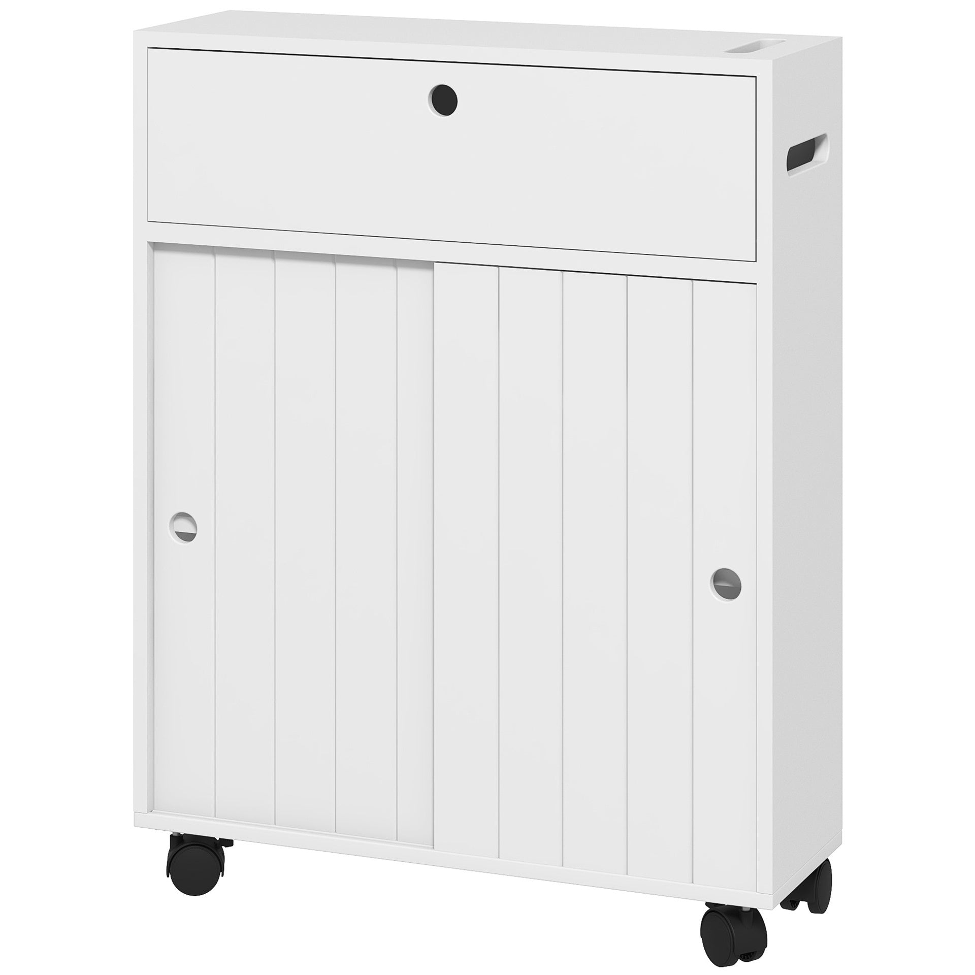 kleankin Toilet Paper Cabinet, Slim Bathroom Cabinet with 4 Rolling Wheels, Small Bathroom Storage Cabinet with Paper Holes, Sliding Doors and Adjustable Shelf for Small Space, White