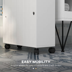 kleankin Toilet Paper Cabinet, Slim Bathroom Cabinet with 4 Rolling Wheels, Small Bathroom Storage Cabinet with Paper Holes, Sliding Doors and Adjustable Shelf for Small Space, White