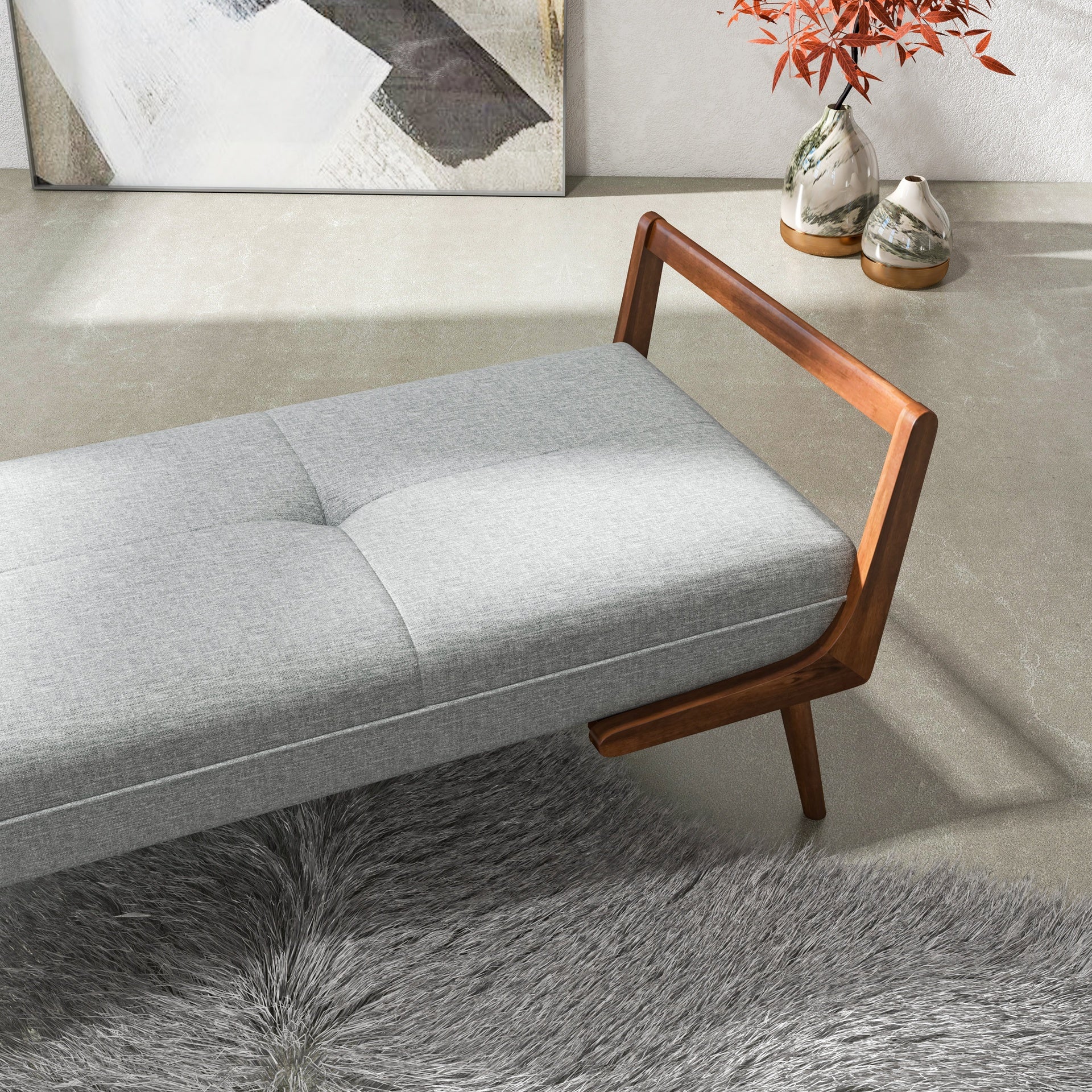 Modern Cora Mid Century Modern Gray Bench 20.5" H x 51.4" W x 19.3" D for Entryway, Living Room, Hallway