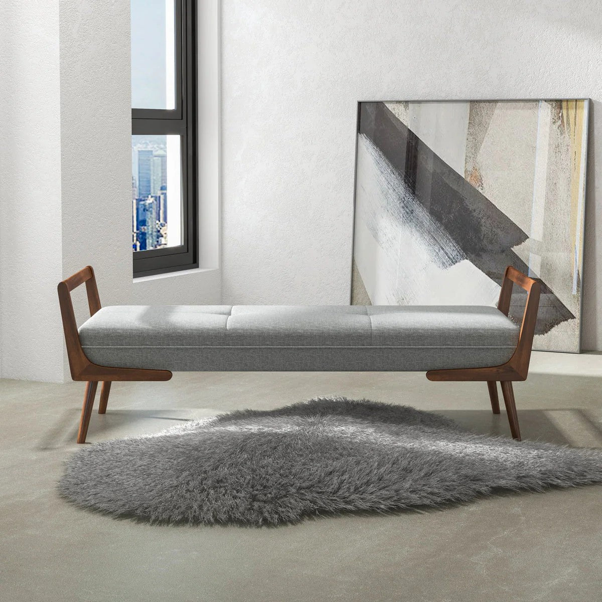 Modern Cora Mid Century Modern Gray Bench 20.5" H x 51.4" W x 19.3" D for Entryway, Living Room, Hallway