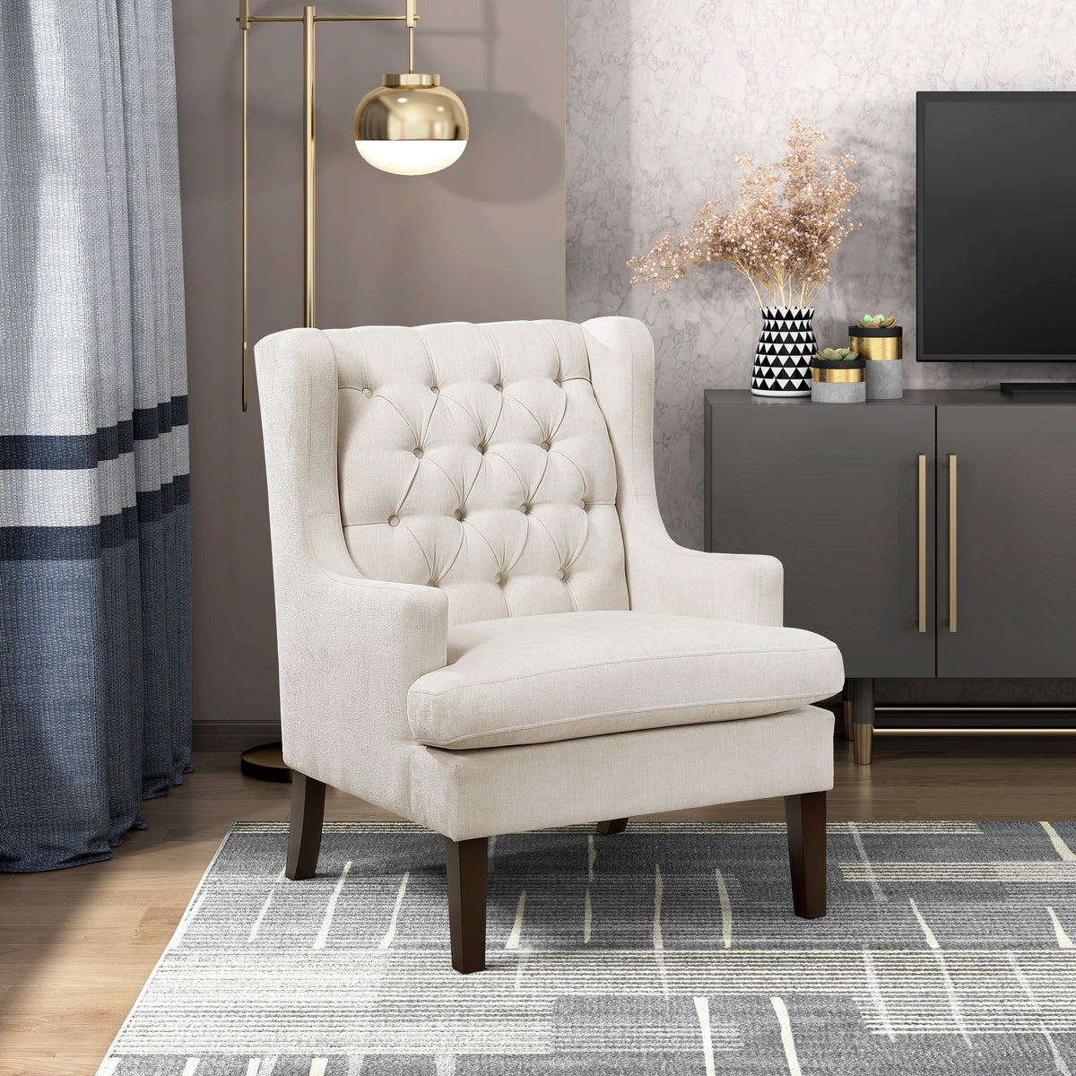 1pc Accent Chair Button-Tufted Beige Fabric Upholstery Foam Cushion Seat Living Room Furniture