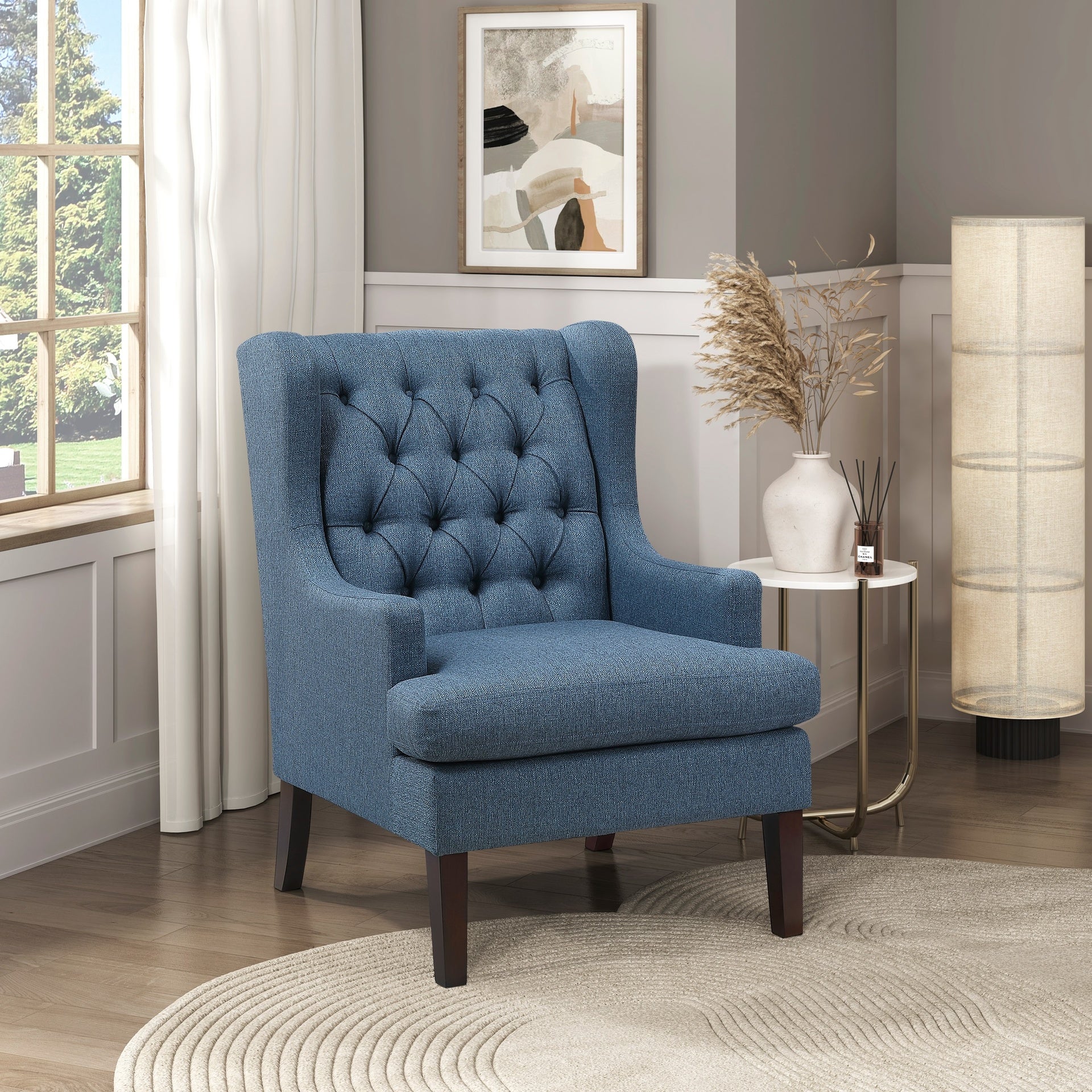 1pc Accent Chair Button-Tufted Blue Fabric Upholstery Foam Cushion Seat Living Room Furniture