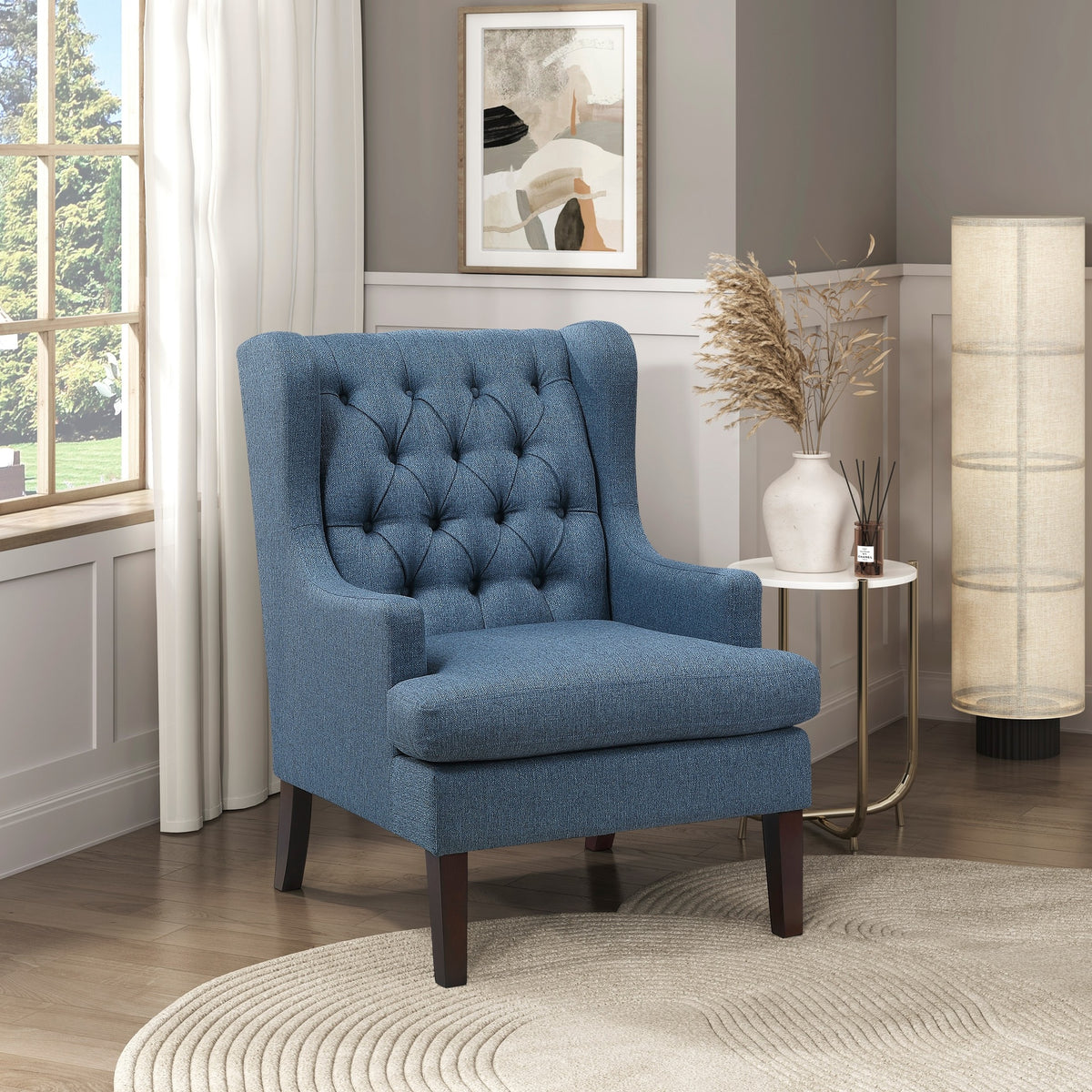 1pc Accent Chair Button-Tufted Blue Fabric Upholstery Foam Cushion Seat Living Room Furniture