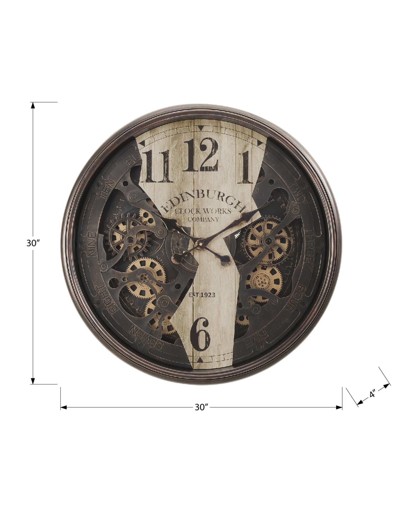 Clocks, 30" Round, Wall Clock, Gear Mechanism, Brown, Transitional