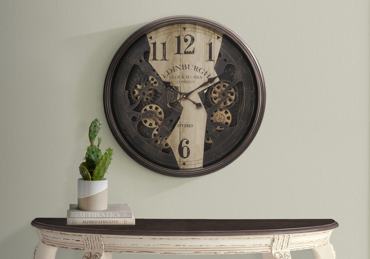 Clocks, 30" Round, Wall Clock, Gear Mechanism, Brown, Transitional