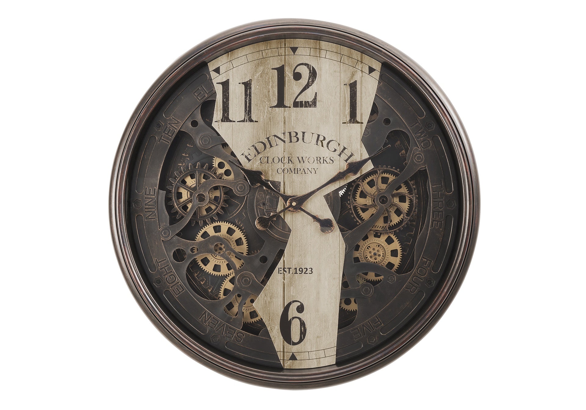 Clocks, 30" Round, Wall Clock, Gear Mechanism, Brown, Transitional