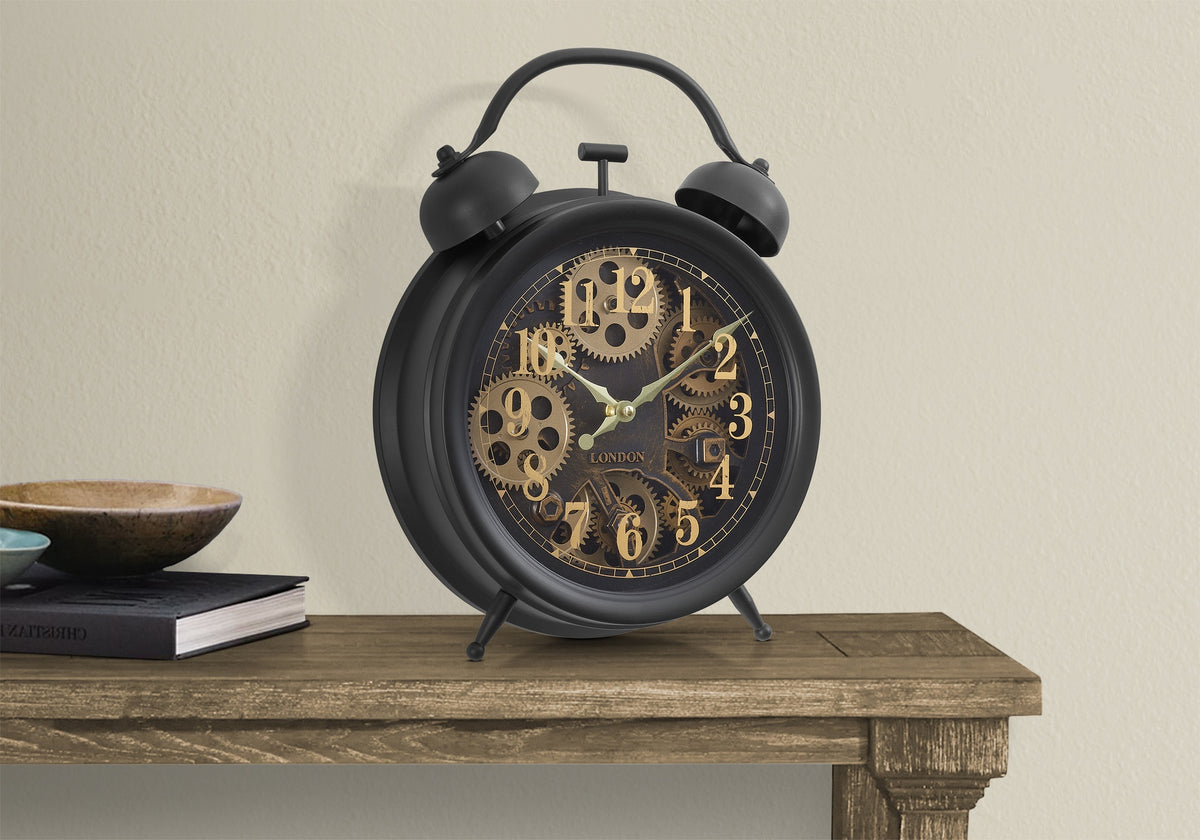 Clocks, 12" Round, Gear Mechanism, Table Clock, Brown, Transitional