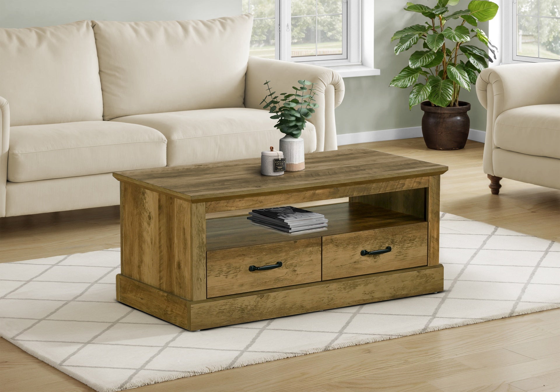 Coffee Table, 42" L, Cocktail, Rectangular, Storage Drawers, Living Room, Accent, Dark Brown Oak Laminate, Transitional