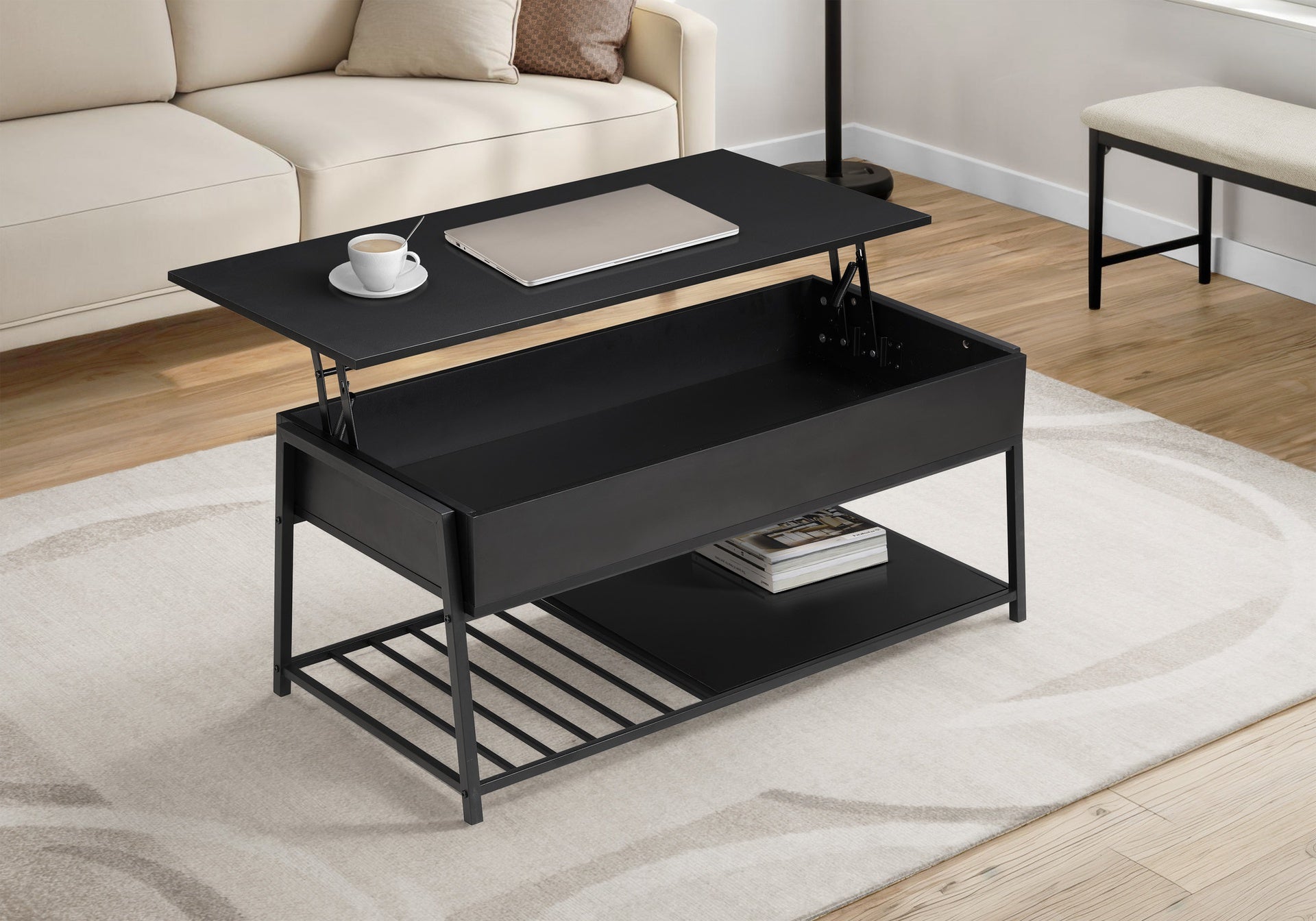 Coffee Table, 42" L, Cocktail, Lift-top, Rectangular, Storage, Living Room, Black Laminate, Black Metal, Contemporary, Modern