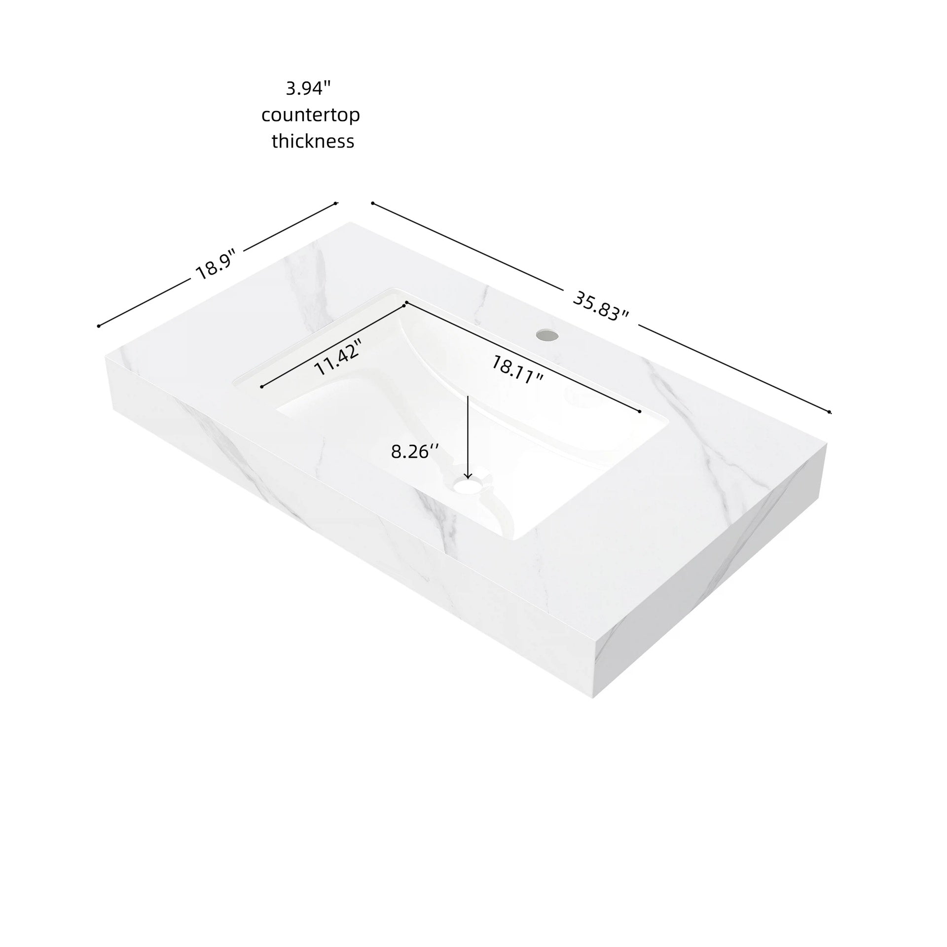 36" MURI Carrara White Sintered Stone Countertop and Undermount Ceramic Basin with One Standard Pre-drilled Faucet Hole, NO Cabinet, NO Faucet and Sink Cover