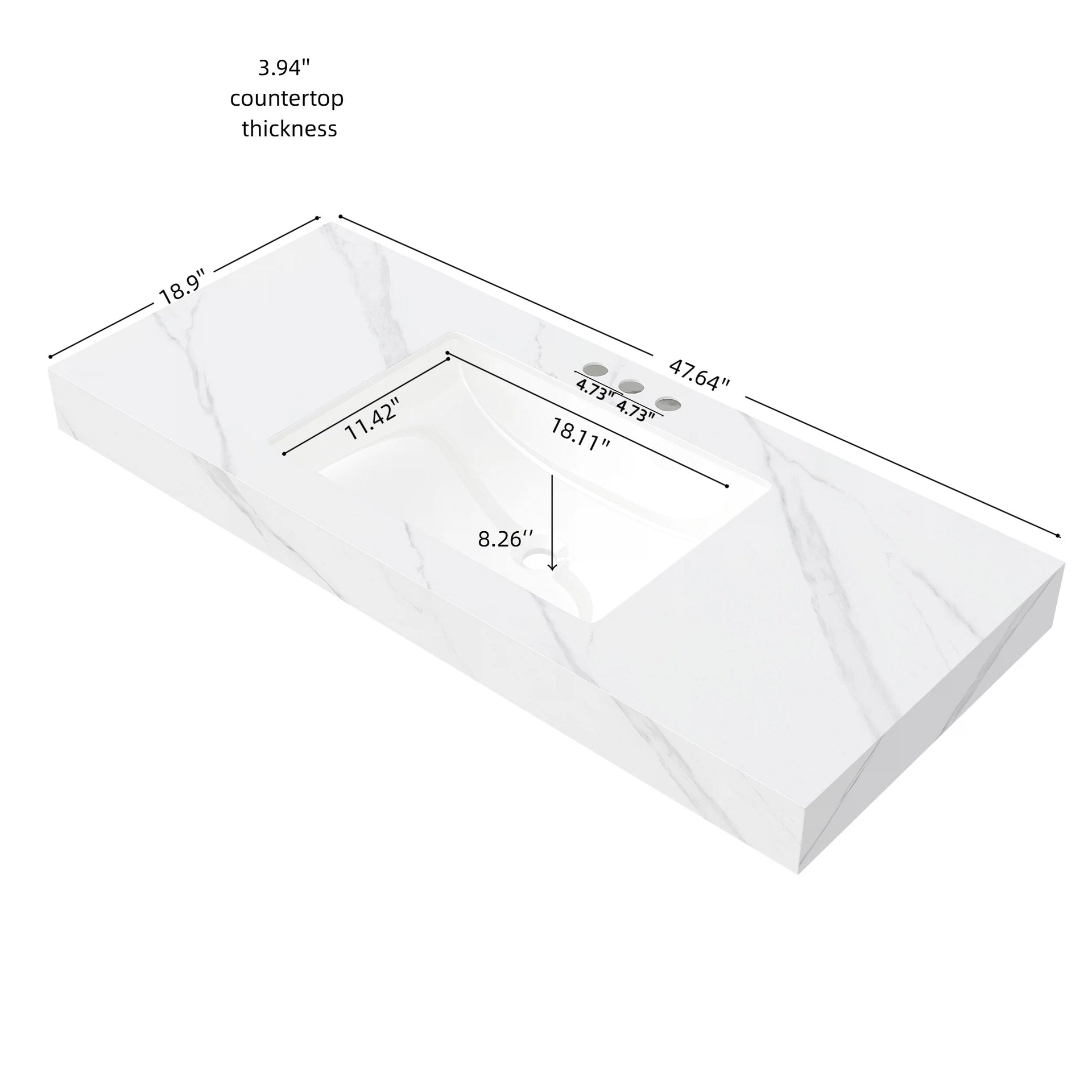 48" MURI Carrara White Sintered Stone Countertop and Undermount Ceramic Basin with Three Standard Pre-drilled Faucet Holes, NO Cabinet, NO Faucet and Sink Cover