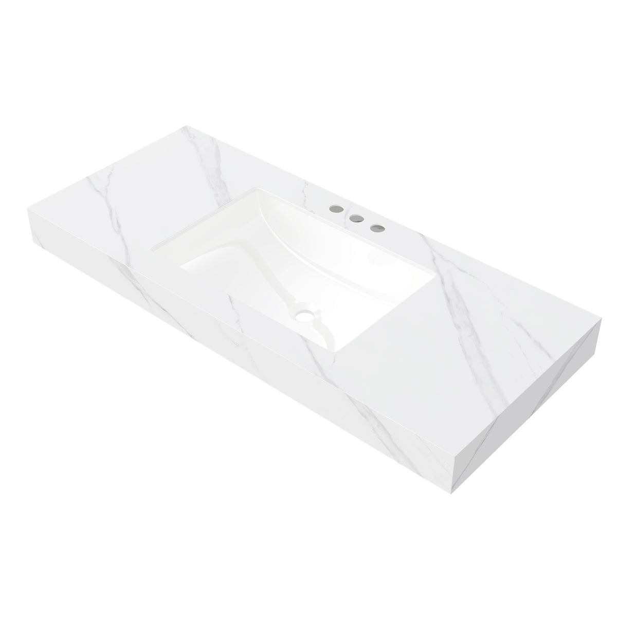 48" MURI Carrara White Sintered Stone Countertop and Undermount Ceramic Basin with Three Standard Pre-drilled Faucet Holes, NO Cabinet, NO Faucet and Sink Cover
