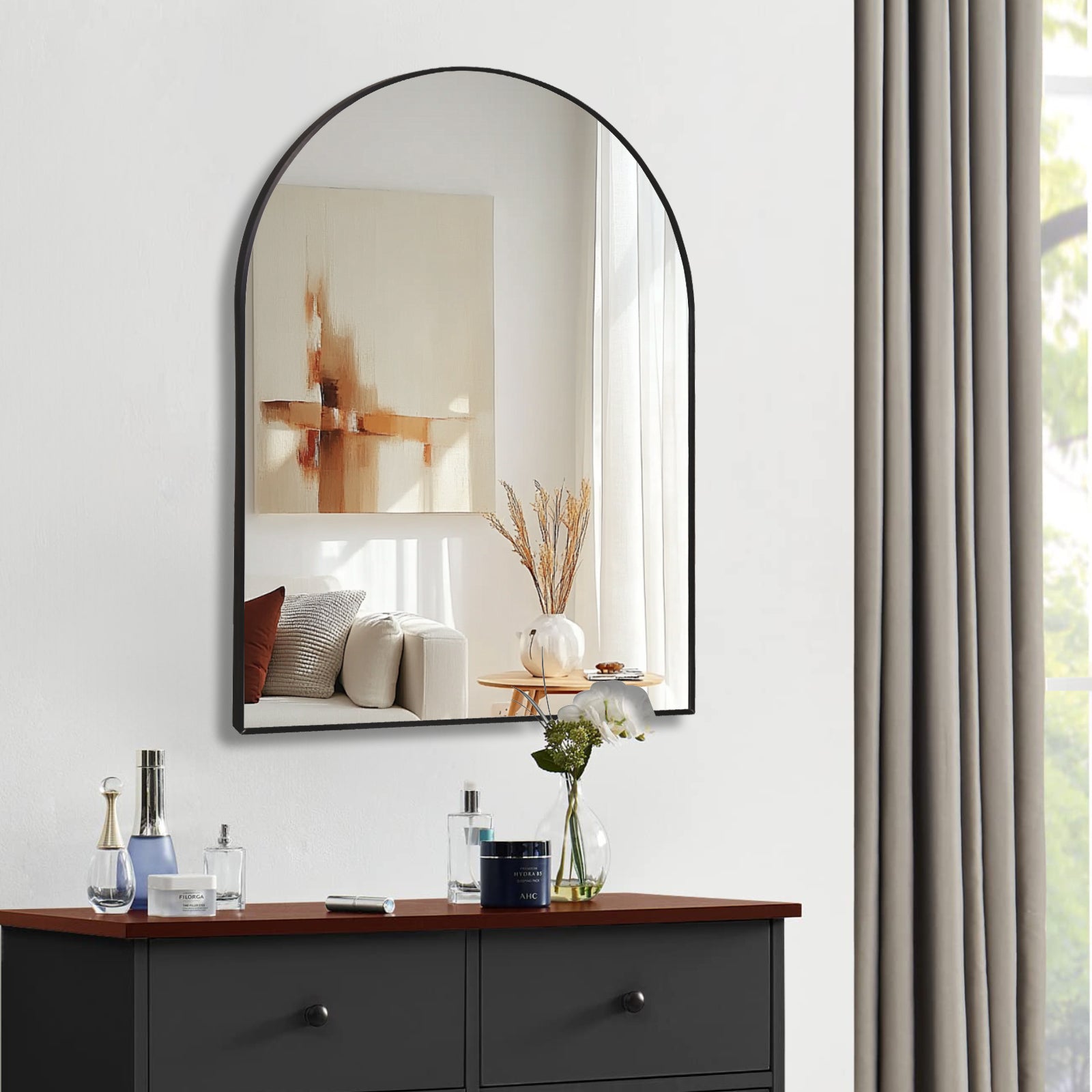 30x40 Inch Black Metal Framed Arched Bathrrom Mirror for Wall.