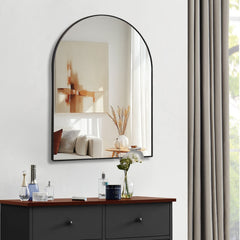 30x40 Inch Black Metal Framed Arched Bathrrom Mirror for Wall.