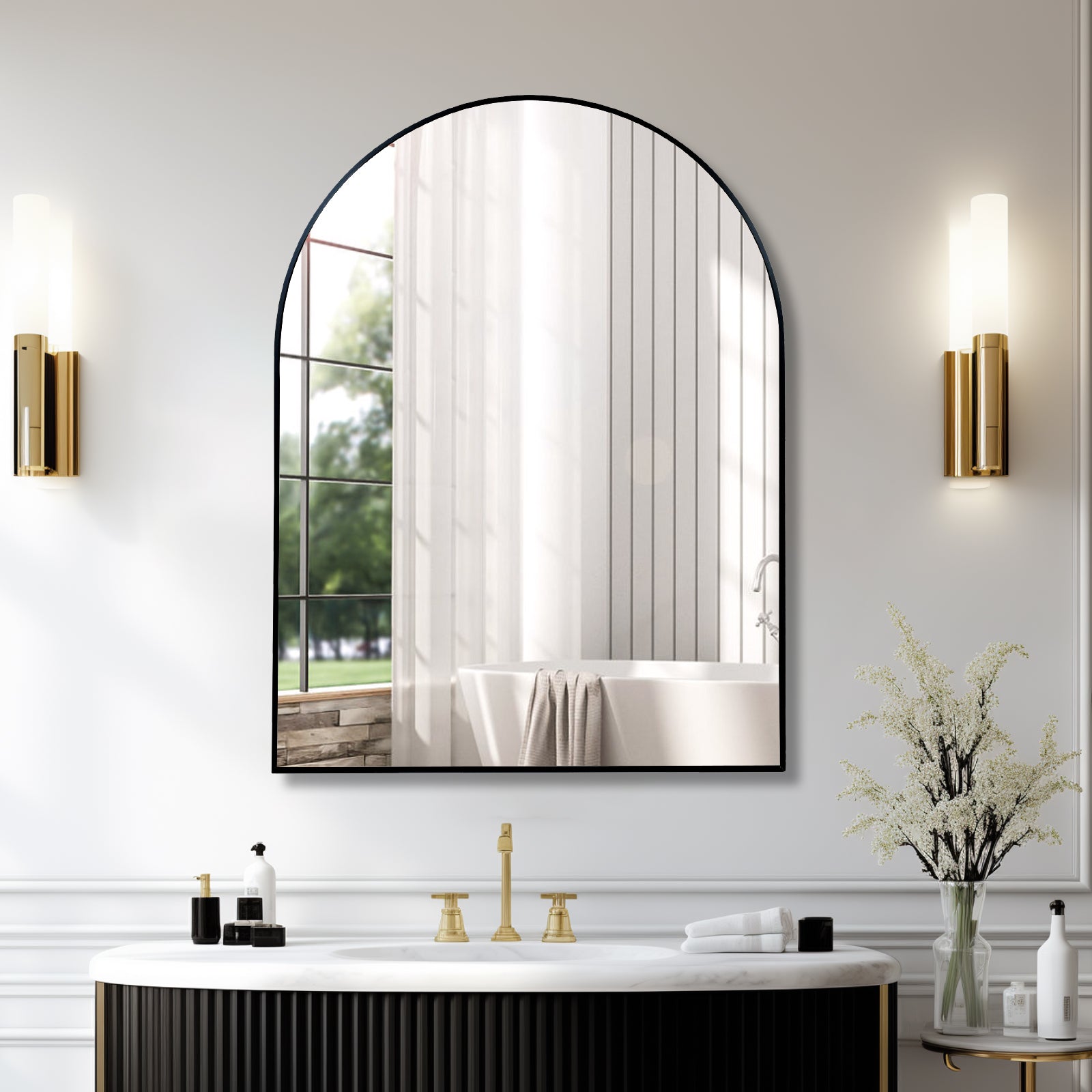 30x40 Inch Black Metal Framed Arched Bathrrom Mirror for Wall.