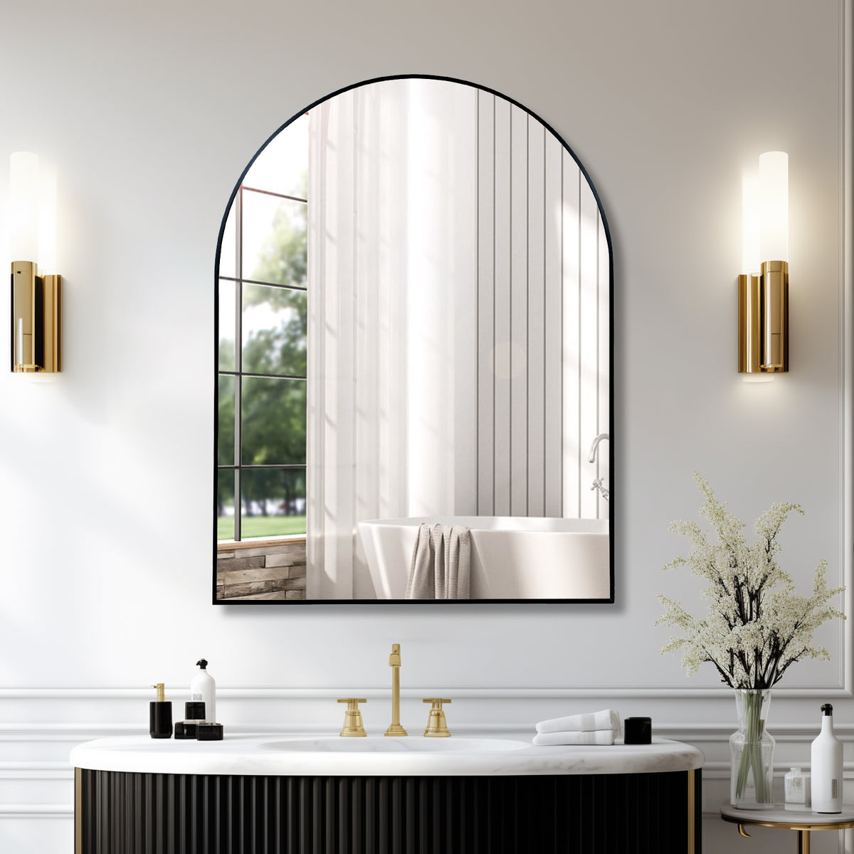 30x40 Inch Black Metal Framed Arched Bathrrom Mirror for Wall.