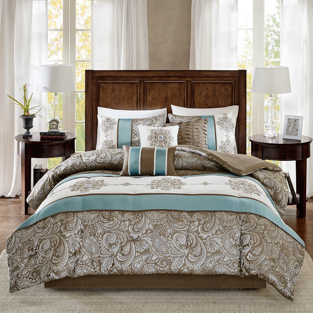 Jacquard 7 Piece Comforter Set Blue King