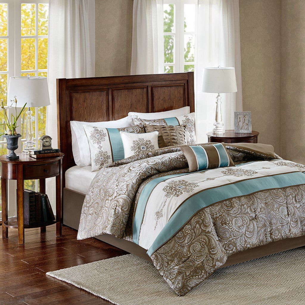 Jacquard 7 Piece Comforter Set Blue King