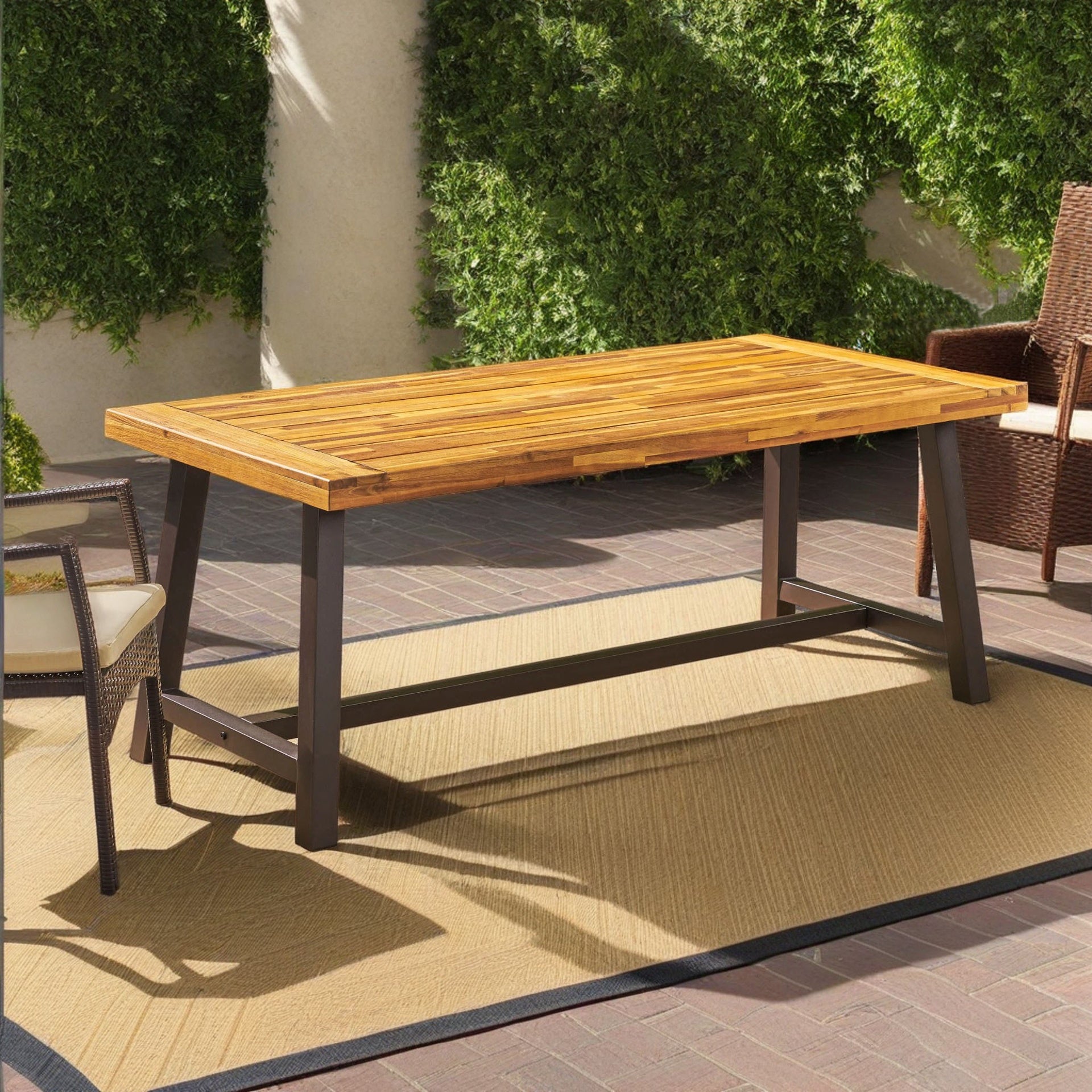 Carlie Outdoor Sandblast Finished Dining Table with Rustic Metal Finished Iron Legs