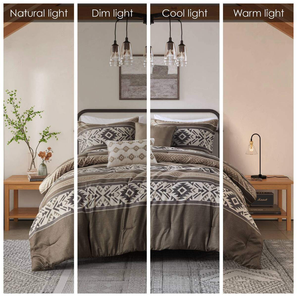 5 Piece Stripe Herringbone Comforter Set with Throw Pillows Brown King/Cal King