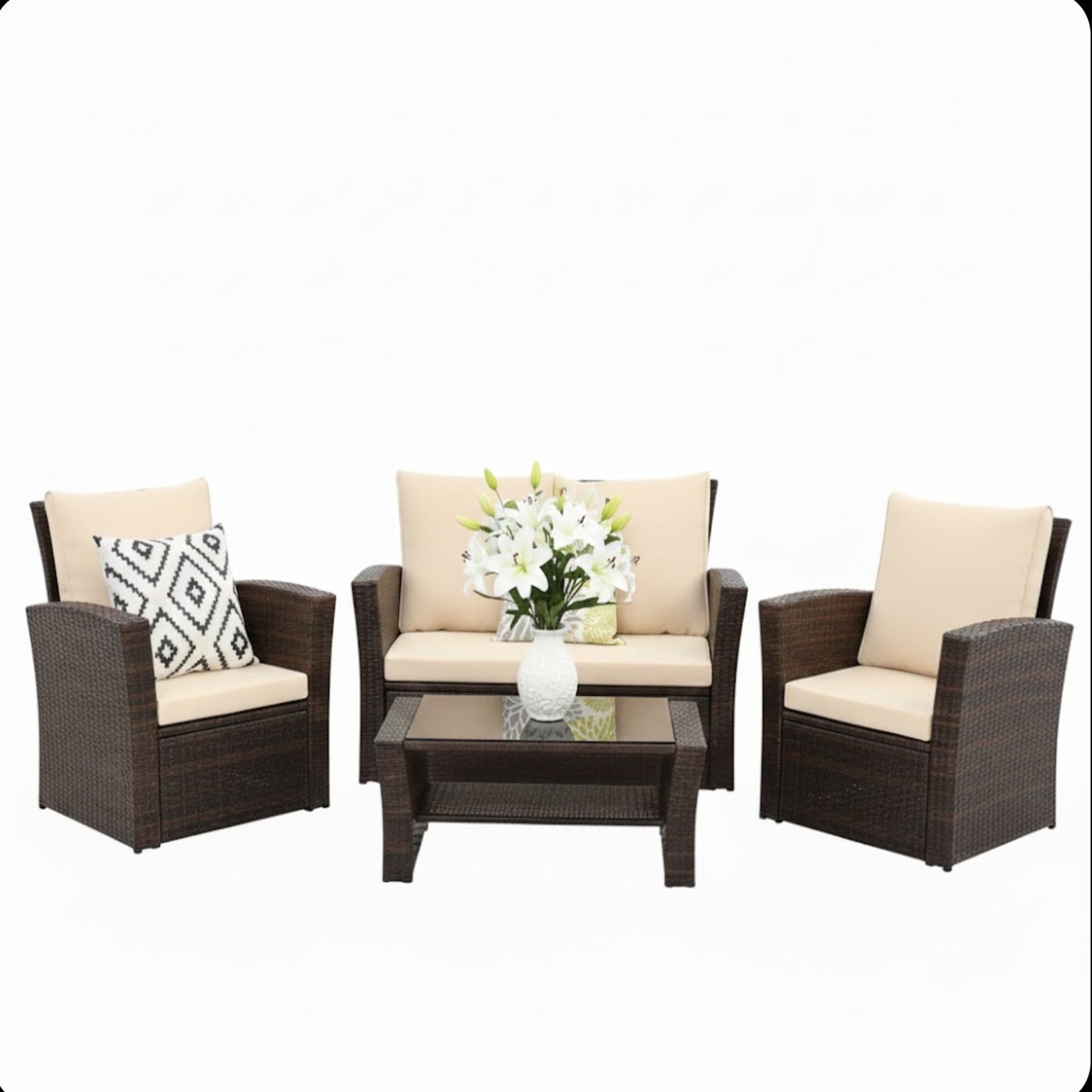 4-Piece All Weather Wicker Patio Conversation Set with Brown Cushions and Glass Table