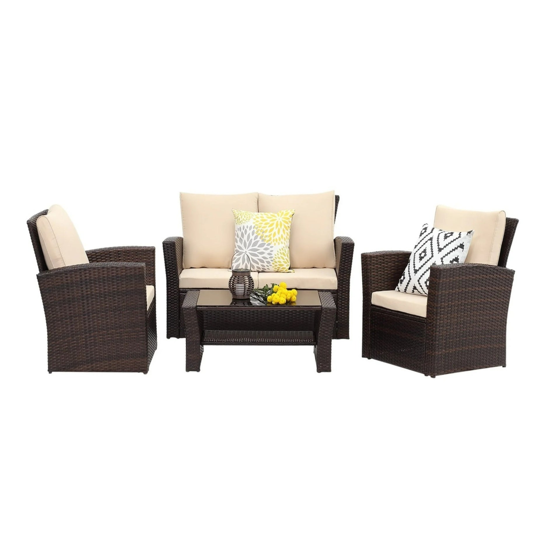 4-Piece All Weather Wicker Patio Conversation Set with Brown Cushions and Glass Table
