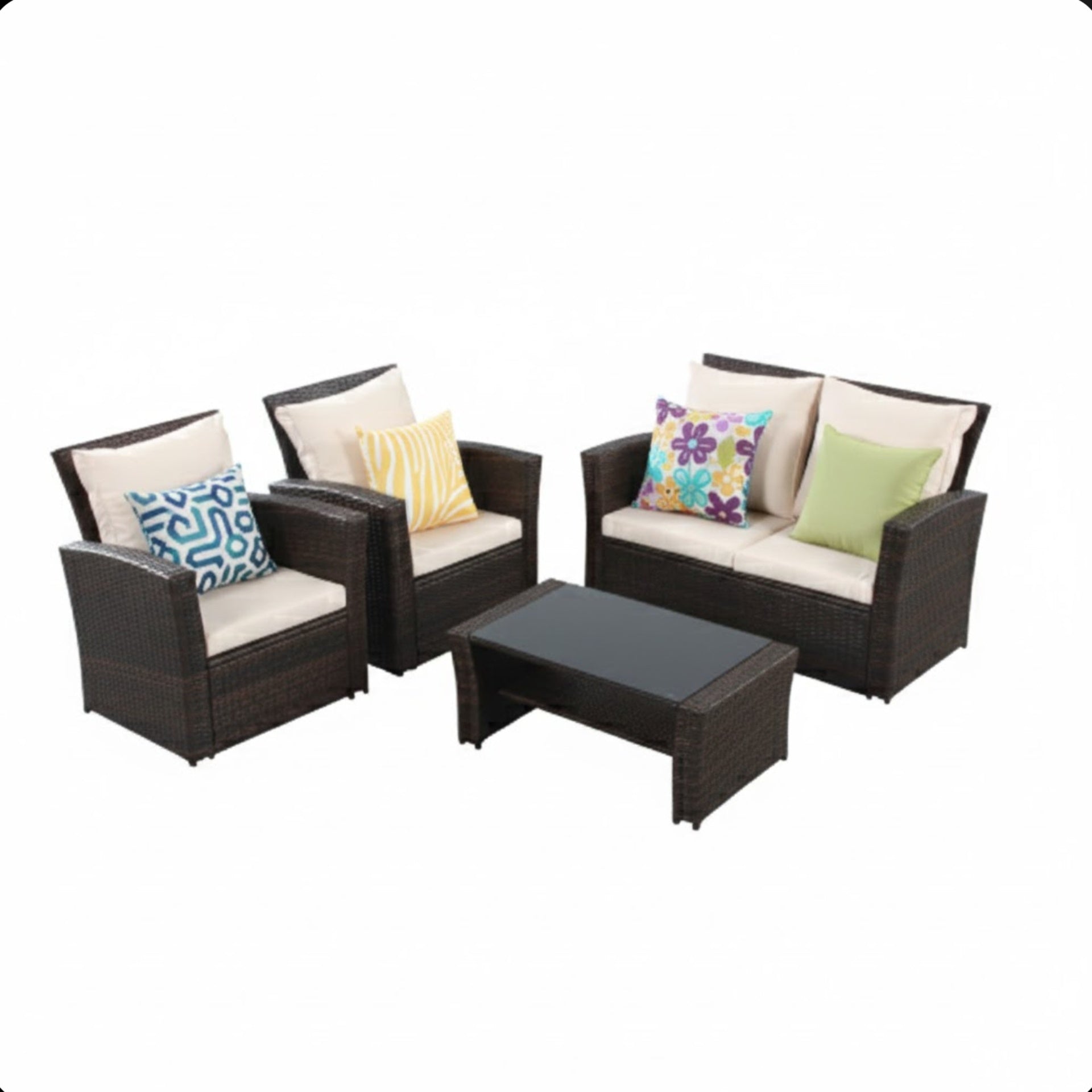 4-Piece All Weather Wicker Patio Conversation Set with Brown Cushions and Glass Table