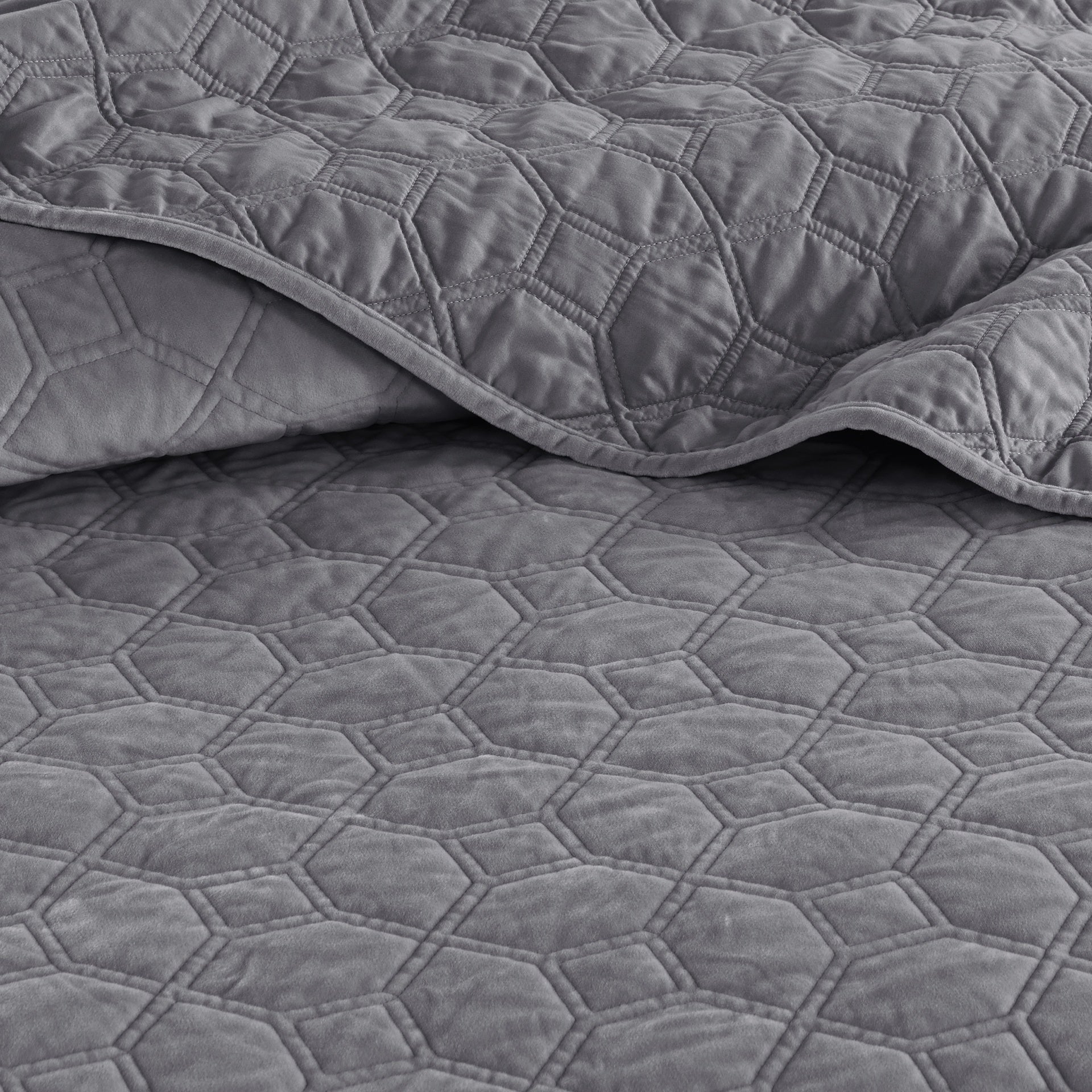 3 Piece Velvet Quilt Set Grey Full/Queen