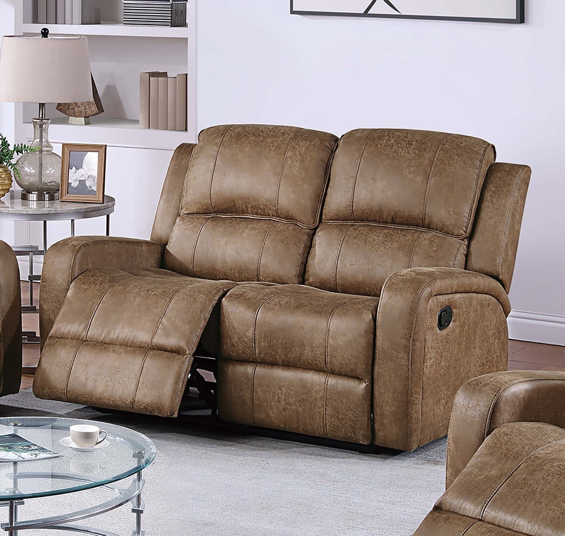 Manual Reclining Loveseat 1pc Chestnut Finish Horizontal And Light Vertical Tufting Padded Seat And Backrest Primary Room Furniture